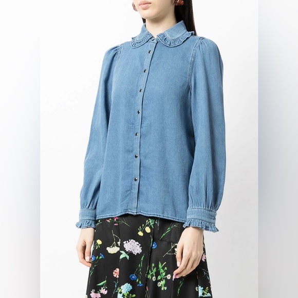 ba&sh Lilas Frilled-Edge Ruffled Blue Denim Shirt